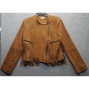 Love Riche Western Fringe Jacket Womens Large Brown Faux Suede Asymmetrical Zip